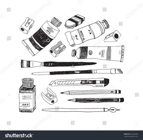 Hand Drawn Art Tools Supplies Set เวกเตอร์สต็อก ปลอดค่าลิขสิทธิ์