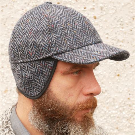 Irish Tweed Baseball Cap Speckled Navy Blue Herringbone With Foldable Ear Flaps 100 Wool