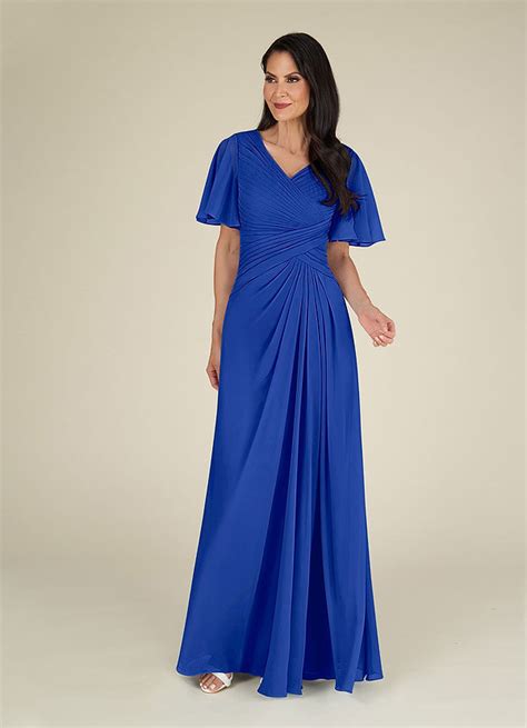 Royal Blue Azazie Morning Glory A Line V Neck Ruched Chiffon Floor