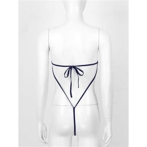 Iixpin Micro Bikini Sexy Femme Dos Nu Lingerie Coquine Soutien Gorge Bandeau V String Body Bleu