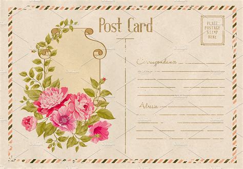 Vintage Floral Postcard With Roses Illustrator Graphics ~ Creative Market