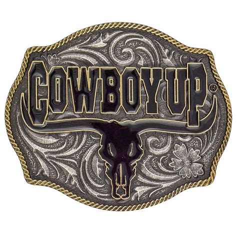 Cowboy Up Says The Bull Two Tone Attitude Buckle Cowboy Belt Buckles