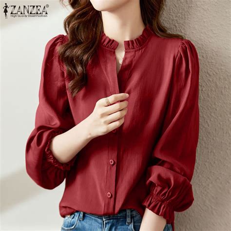 Zanzea Korean Style Women S Blouse Casual Ruffles Hem V Neck Long