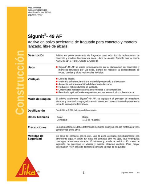 Pdf Aditivo En Polvo Acelerante De Fraguado Para Concreto Hoja