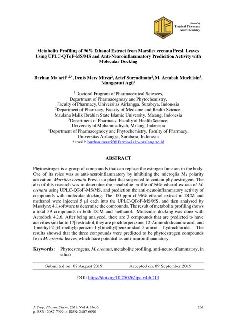 PDF Metabolite Profiling Of 96 Ethanol Extract From Marsilea Crenata