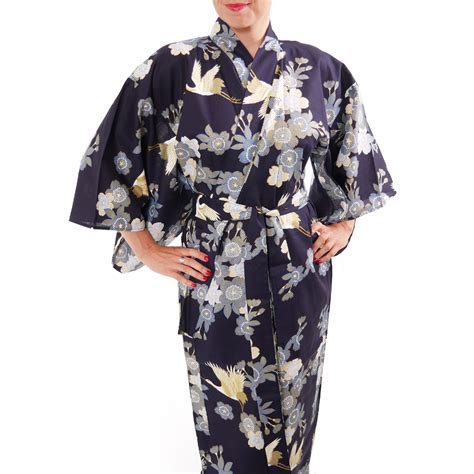 Kimono Yukata Japonais Bleu Coton Fleurs De Cerisier Grues Pour Femme