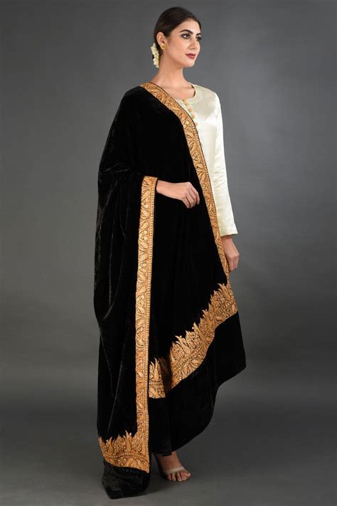 Kashmiri Gold Tilla Embroidered Black Silk Velvet Dupatta With Suit