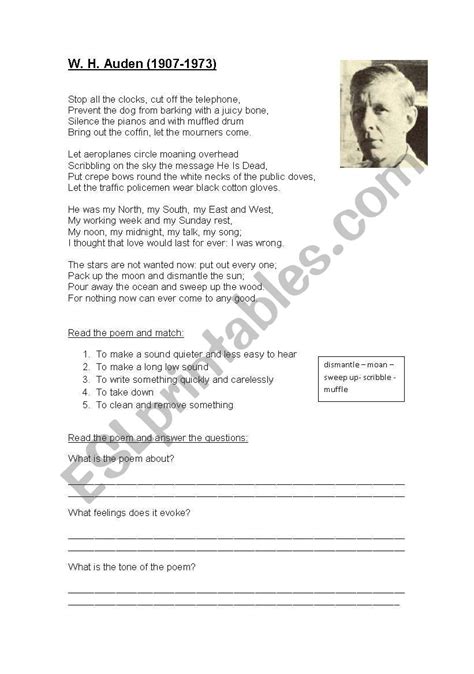 poem: stop all the clocks by W.H. Auden - ESL worksheet by kstefansson