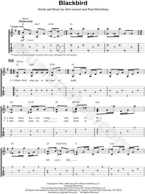 The Beatles Blackbird Guitar Tab In G Major Download And Print Sku