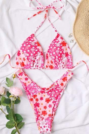 Wholesale New Floral Batch Printing Padded Halter Neck Self Tie Triangle Hot Sexy Two Piece