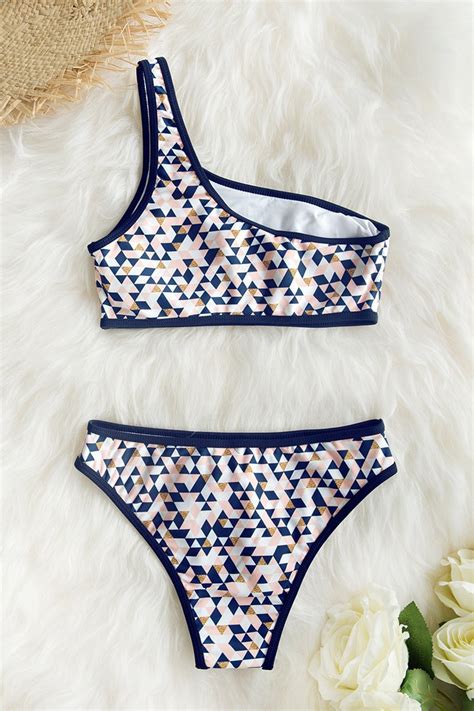 Pink And Navy Geometric Triangle Print One Shoulder Bikini