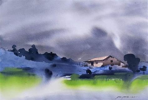 Watercolor Landscape Painting: House on Hill with Trees and Clouds