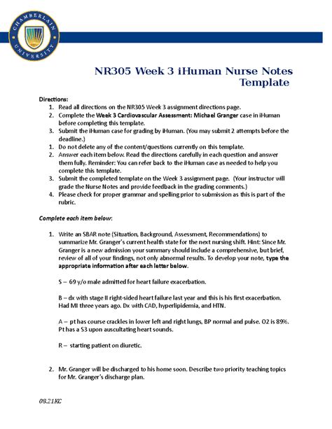 S Week 3 I Human NR305 Week 3 IHuman Nurse Notes Template Directions