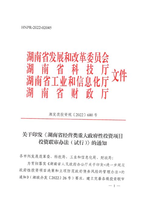 关于印发《湖南省经营类重大政府性投资项目投资联审办法（试行）》的通知