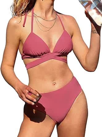 Amazon Cupshe Women S Bikini Set Two Piece Swimsuit Reversible Bottoms Triangle Halter Wrap