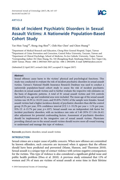 Pdf Risk Of Incident Psychiatric Disorders In Sexual Assault Victims A Nationwide Population