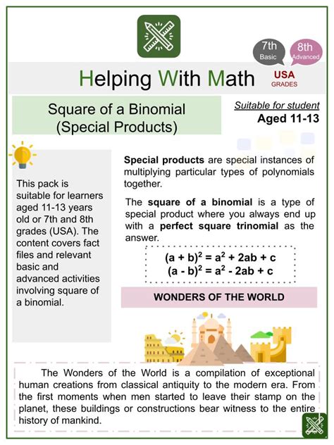 Square Of A Binomial Wonders Of The World Math Worksheets Worksheets