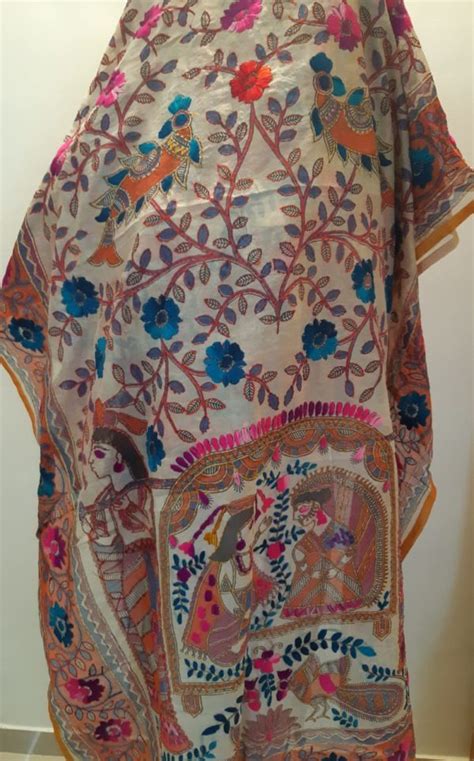 Phulkari Dupatta Chanderi Silk With Hand Embroidery And Kalamkari