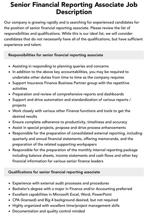 Senior Financial Reporting Associate Job Description Velvet Jobs