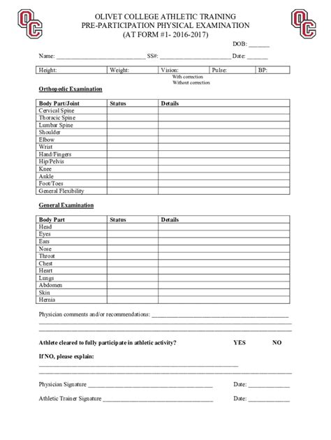 Fillable Online Athletic Trainingparticipation Forms Fax Email Print