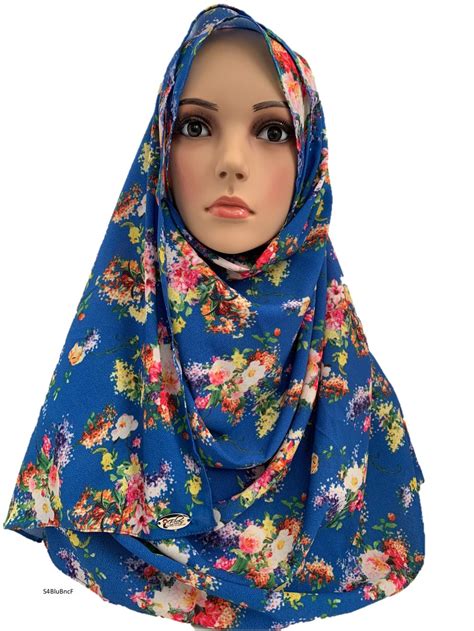 S4blubncf Blue Flowers Printed Full Instant Hijab Instant Hijabs Uk