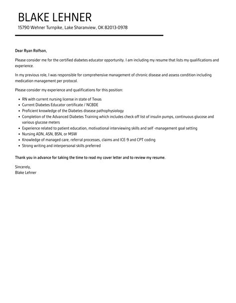 Certified Diabetes Educator Cover Letter | Velvet Jobs