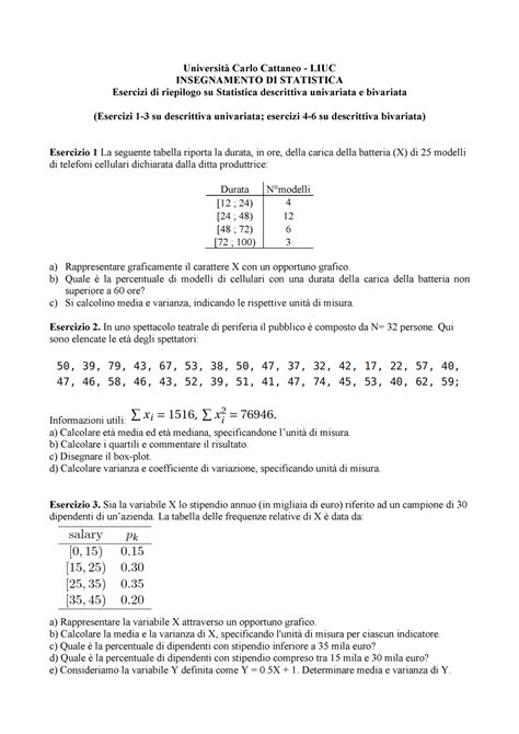 Esercizi di riepilogo Statistica Descrittiva v2 Università Carlo