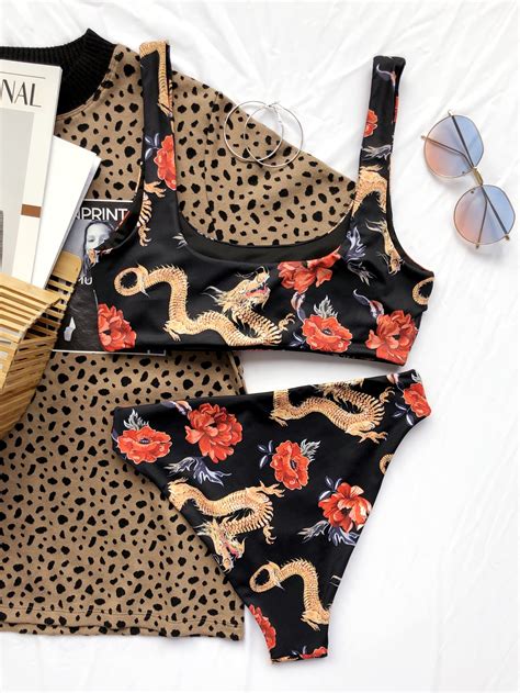 Bañador bikini de cintura alta con estampado floral con dragón chino