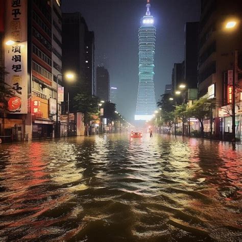 Vista De Arafed De Una Calle Inundada Con Un Edificio Alto Al Fondo Ai