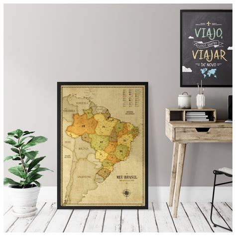 Quadro Mapa Do Brasil Estilo Vintage Pins Alfinetes P Marcar Viagens