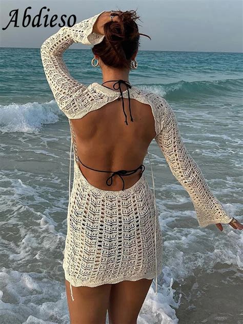 Abdieso Knitted Backless Sexy Summer Short Bodycon Dress Women Outfits