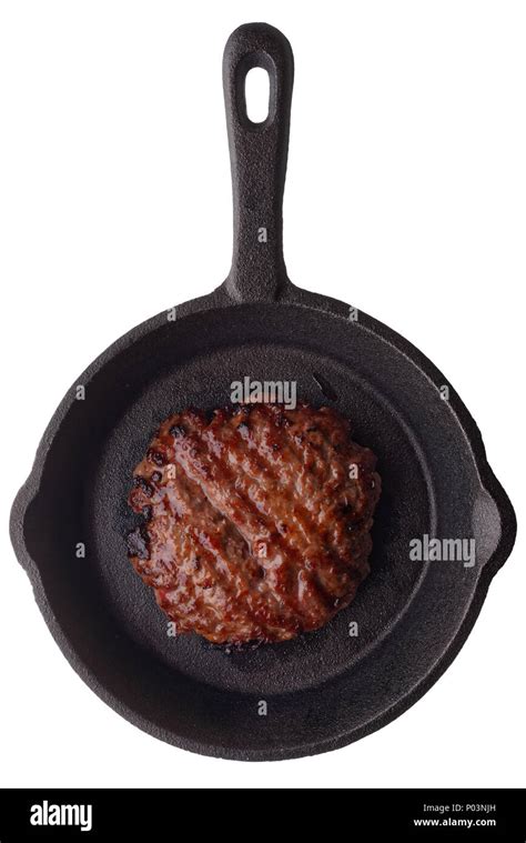 Food Fried Homemade Burger On A Frying Pan Isolated On White