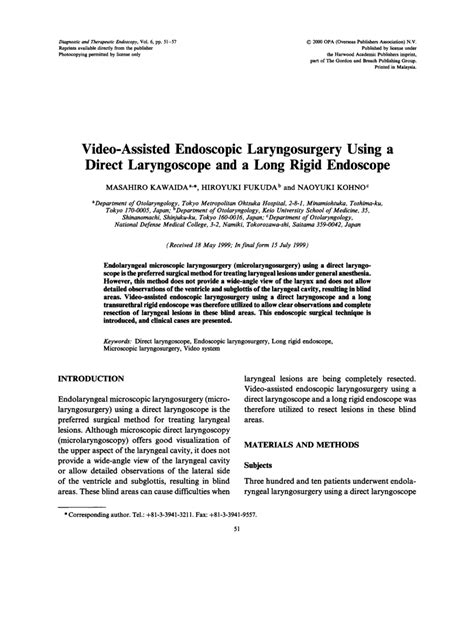 Pdf Video Assisted Endoscopic Laryngosurgery Using A Direct Laryngoscope And A Long Rigid