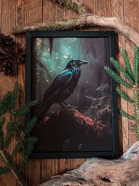 Mystical Black Crow Art Print Gothic Home Decor Forest Etsy