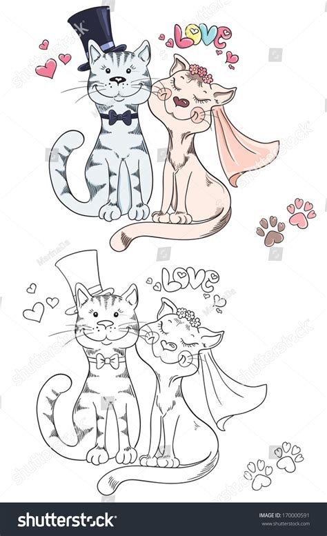 Coloring Book Cartoon Groom Bride Cats Vector De Stock Libre De