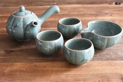 Handmade Korean Pumpkin Shaped Celadon Tea Set For 3 With Gift Etsy