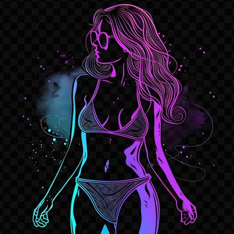Psd Curvy Woman In Bikini Neon Watercolor Art Design With Shades Neon Line Art Simple Glow