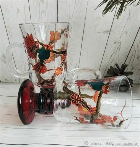 Бокалы для глинтвейна Птица и дикая Слива. Бокалы с витражной росписью ...