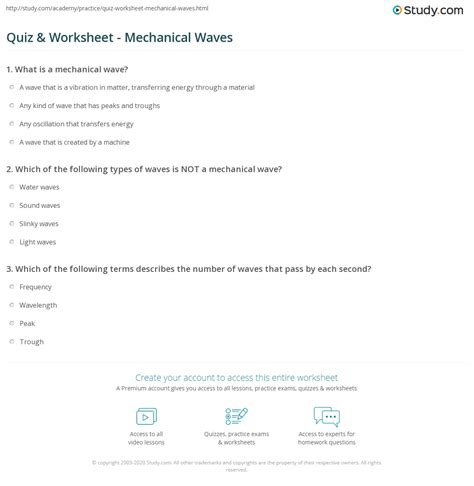 Quiz Worksheet Mechanical Waves Study