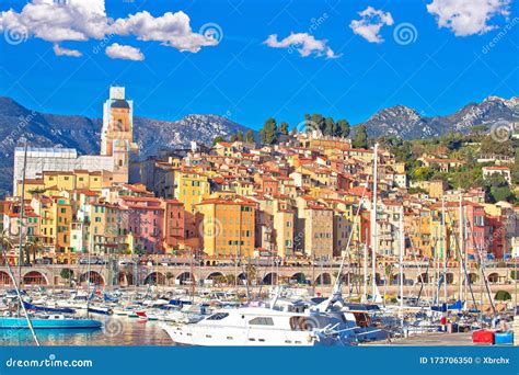 Colorful Cote D Azur Town Of Menton Harbor And Architecture View Stock