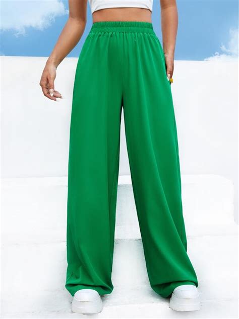 Shein Ezwear Pantalones De Pierna Ancha Moda De Dopamina De Talle Alto Unicolor Moda De Mujer