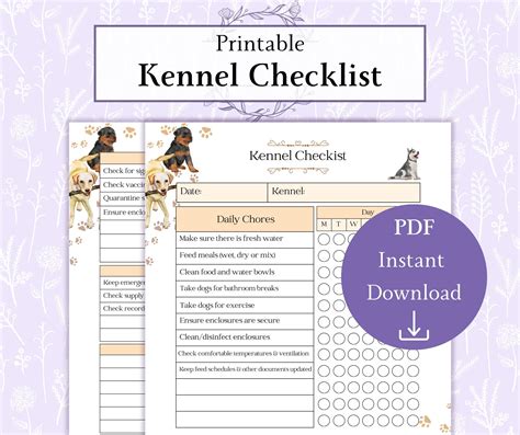Kennel Checklist Printable PDF | Animal Checklist Veterinary Records