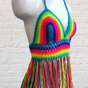 Neon Rainbow Crochet Bikini Top With Fringe Outfit For Festival Blacklight Responsive Shirt