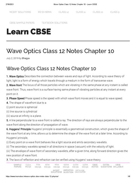 Concise Wave Optics Class 12 Notes On Huygens Principle And Laws Of