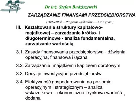 Ppt Dr In Stefan Budziszewski Zarz Dzanie Finansami