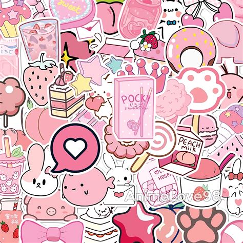 50 Pcs Cute Kawaii Pink Aesthetic Stickers Pack Waterproof Etsy