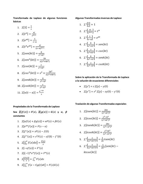 Formulario De Transformada De Laplace Transformada De Laplace De