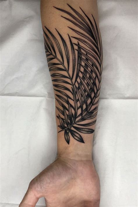 Illustrative Black Grey Palm Leaves Tattoo By Tine Defiore Palm