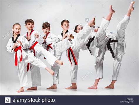 The Studio Shot Of Group Of Kids Training Karate Martial Arts Stock