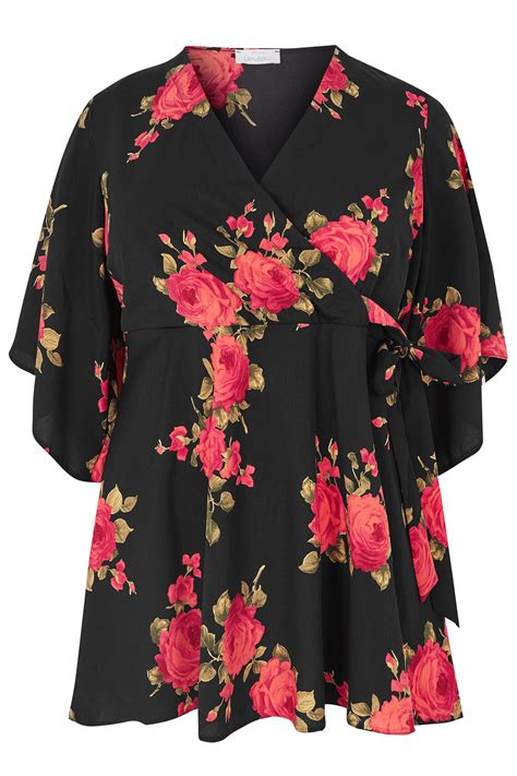 Yours London Black And Red Rose Wrap Blouse With Kimono Sleeves Plus